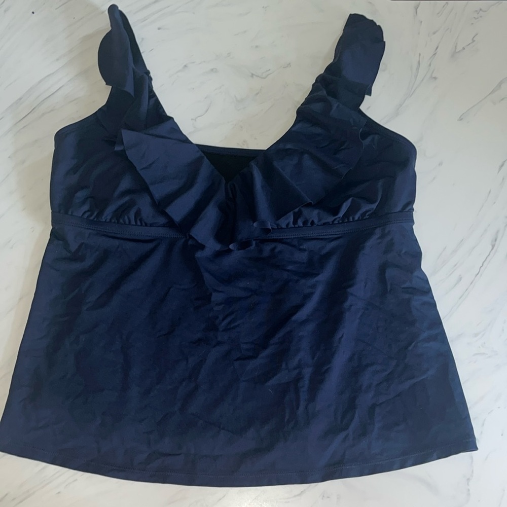 Beach house woman solid navy blue tankini top 18w v neck ruffle
